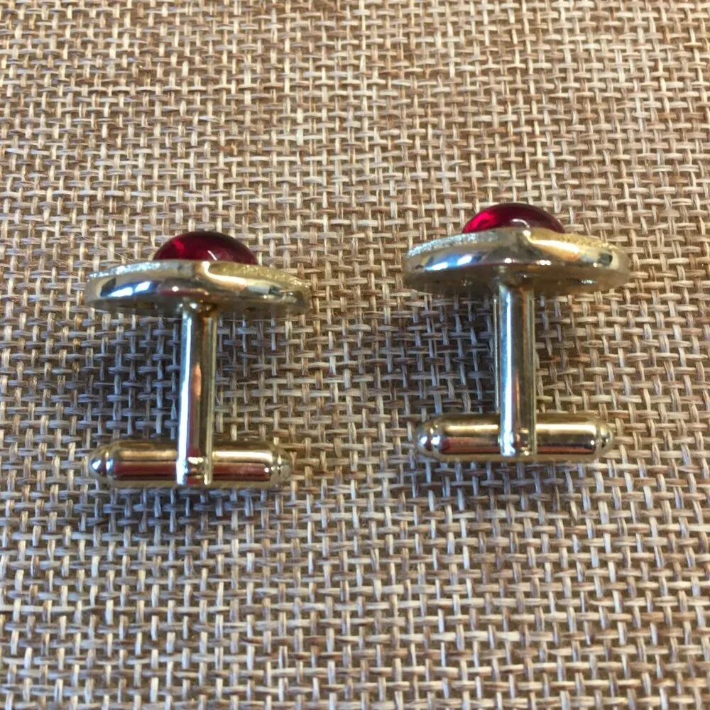 Vintage Goldtone And Red Cabochon Cufflinks Designer Signed